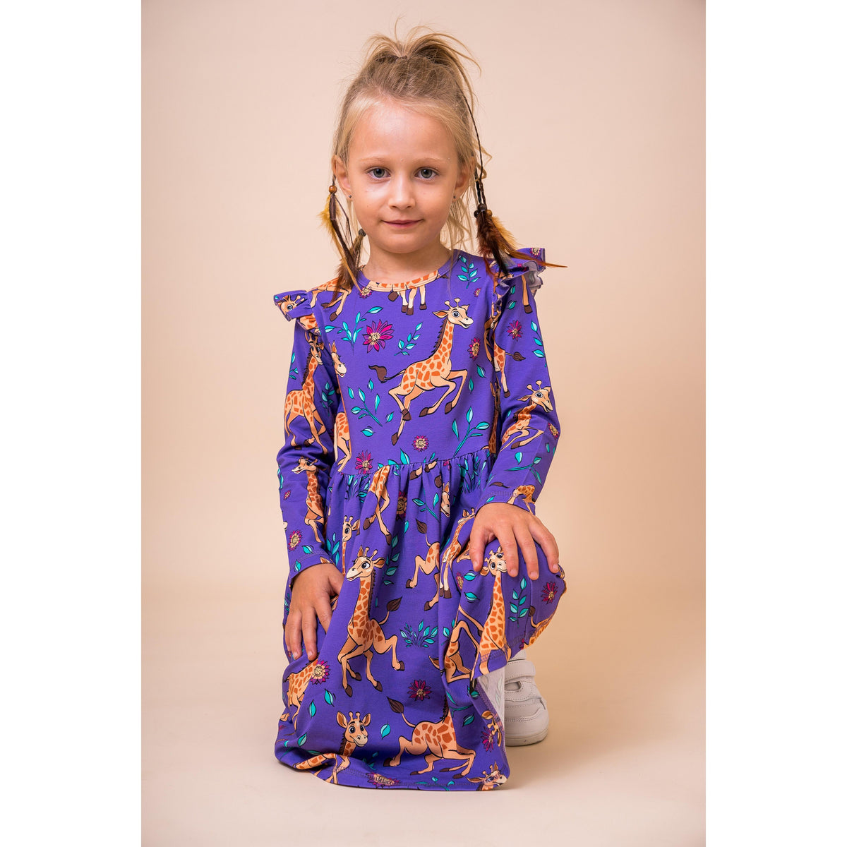 Purple Giraffes Long Sleeve Dress - 1 Left Size 8-10 years-Mullido-Modern Rascals