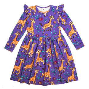 Purple Giraffes Long Sleeve Dress - 1 Left Size 8-10 years-Mullido-Modern Rascals