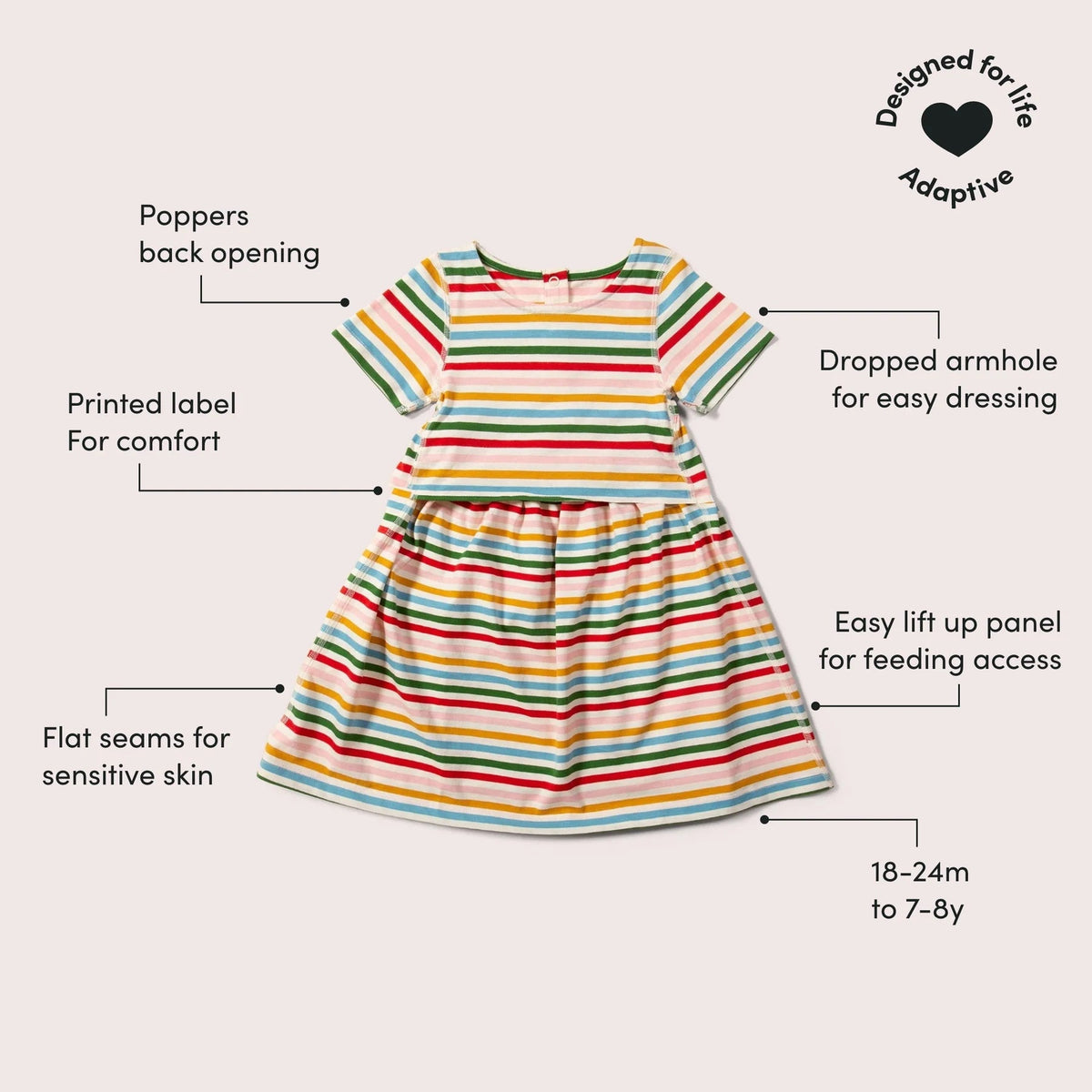 Rainbow Stripe Adaptive Easy Peasy Short Sleeve Dress - 1 Left Size 2-3 years-Little Green Radicals-Modern Rascals