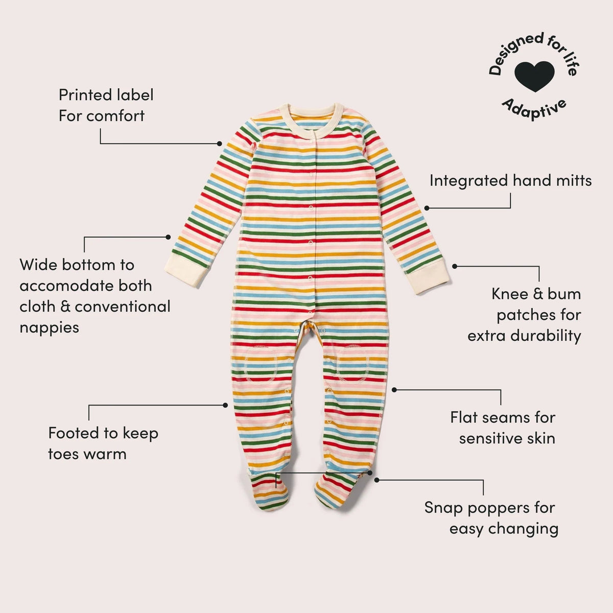 Rainbow Striped Adaptive Suit With Poppers - 1 Left Size 18-24 months-Little Green Radicals-Modern Rascals