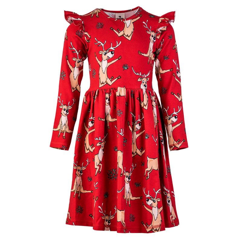 Red Reindeer Long Sleeve Dress-Mullido-Modern Rascals