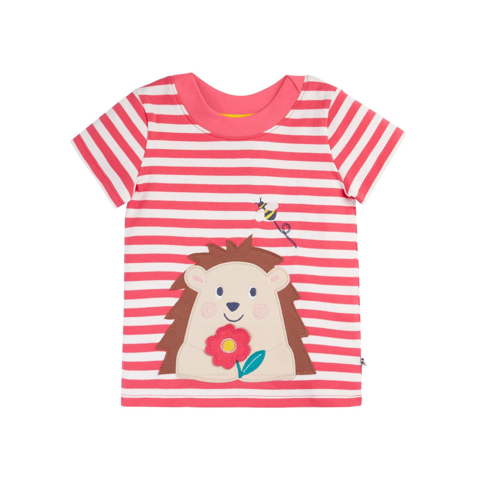 Rhubarb Stripe/Hedgehog Easy On T-Shirt - 1 Left Size 5-6 years-Frugi-Modern Rascals