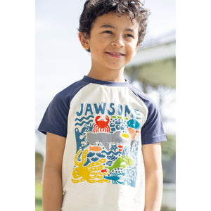 Soft White / Jawsome Reid Raglan T-Shirt - 2 Left Size 3-4 & 4-5 years-Frugi-Modern Rascals