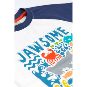 Soft White / Jawsome Reid Raglan T-Shirt - 2 Left Size 3-4 & 4-5 years-Frugi-Modern Rascals