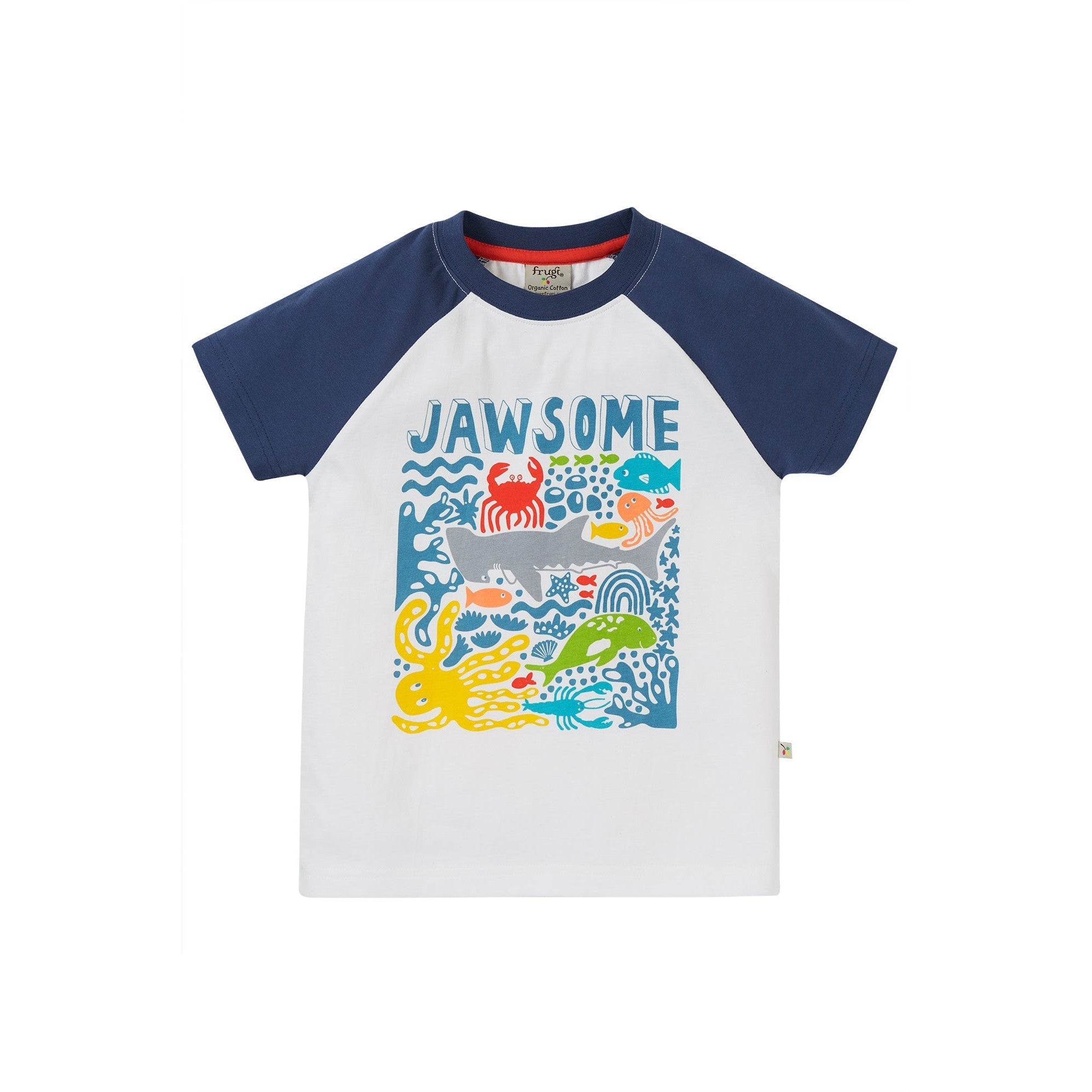 Soft White / Jawsome Reid Raglan T-Shirt - 2 Left Size 3-4 & 4-5 years-Frugi-Modern Rascals