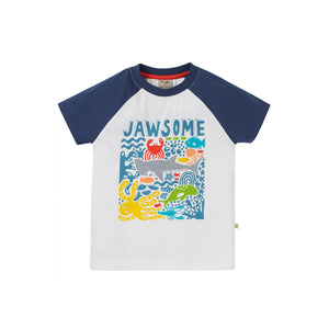 Soft White / Jawsome Reid Raglan T-Shirt - 2 Left Size 3-4 & 4-5 years-Frugi-Modern Rascals