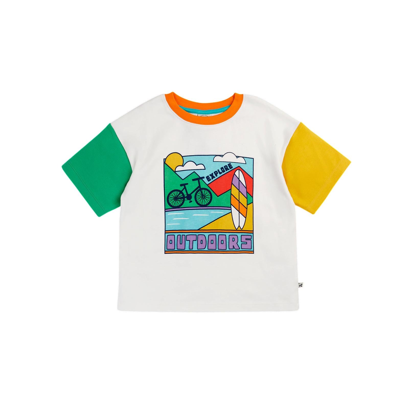 Soft White/Outdoors Towan Relaxed T-Shirt - 1 Left Size 7-8 years-Frugi-Modern Rascals