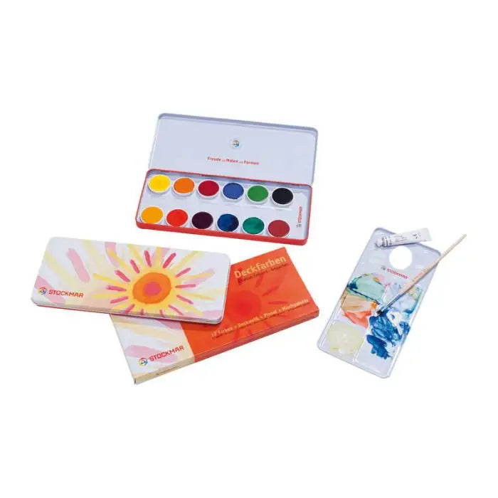 Stockmar Paint Set with Brush and Mixing Palette - 12 Opaque Colours including White-Stockmar-Modern Rascals