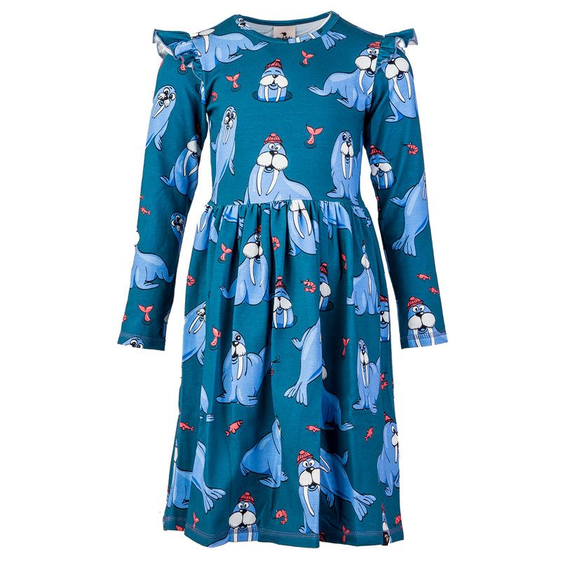 Teal Walrus Long Sleeve Dress - 1 Left Size 6-8 years-Mullido-Modern Rascals