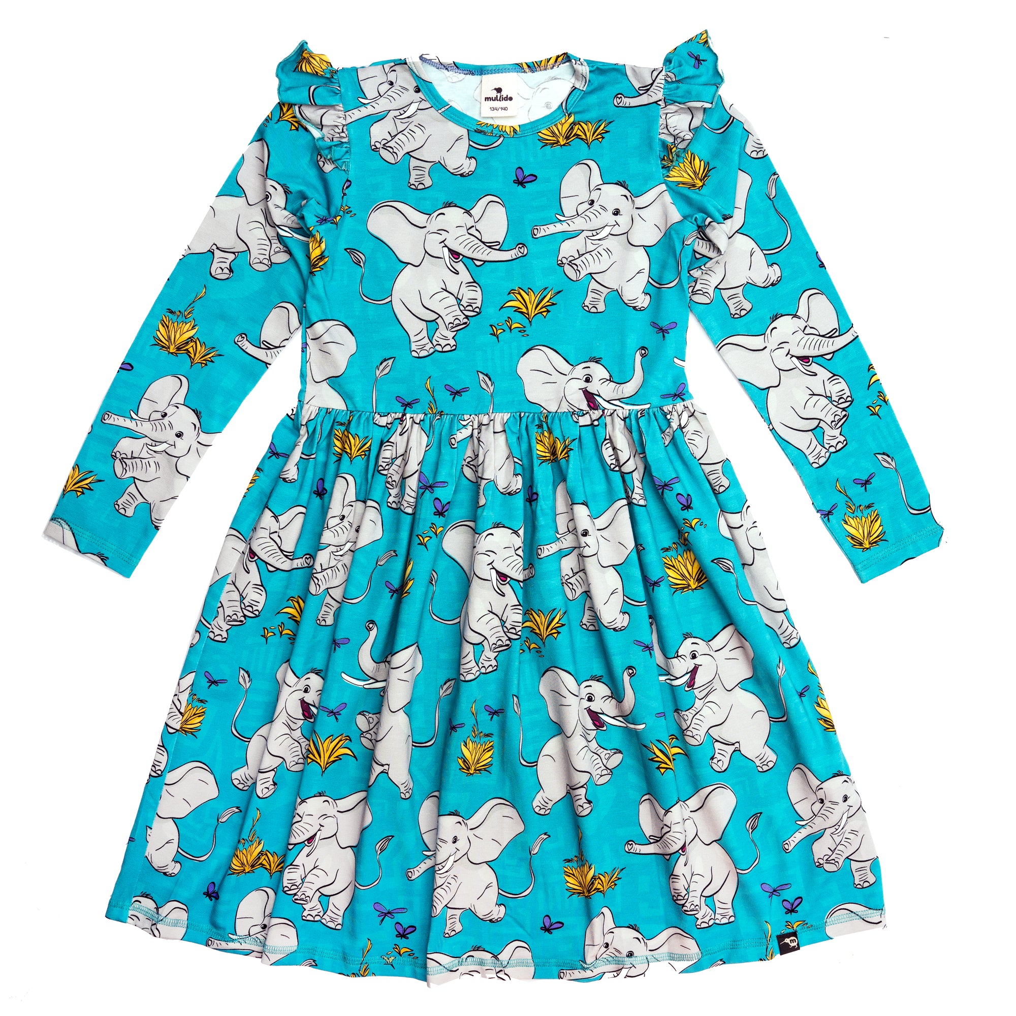 Turquoise Elephants Long Sleeve Dress - 1 Left Size 8-10 years-Mullido-Modern Rascals