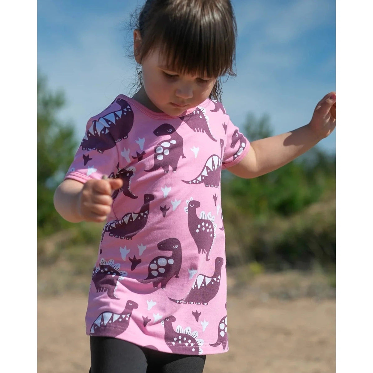 VIOLA Short Sleeve Tunic - Dinosaurs in Light Pink and Beetroot - 1 Left Size 9-10 years-PaaPii-Modern Rascals
