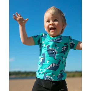 VISA Short Sleeve Shirt - Dinosaur in Turquoise and Blueberry-PaaPii-Modern Rascals